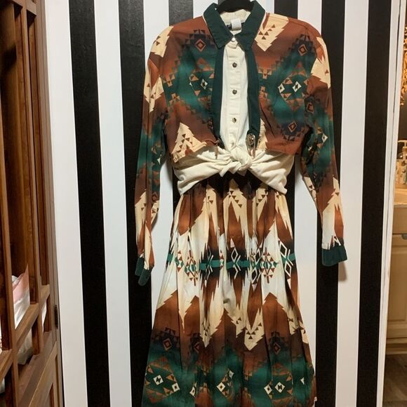 1994 Vintage Western Aztec Southwest Printed Cotton Maxi Full Circle Skirt Small - Picture 8 of 11